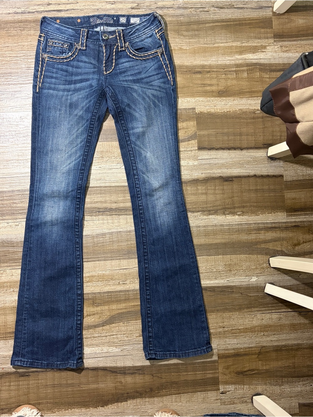 Miss Me Dark Blue Flare Jeans with Contrast Stitching Size 25